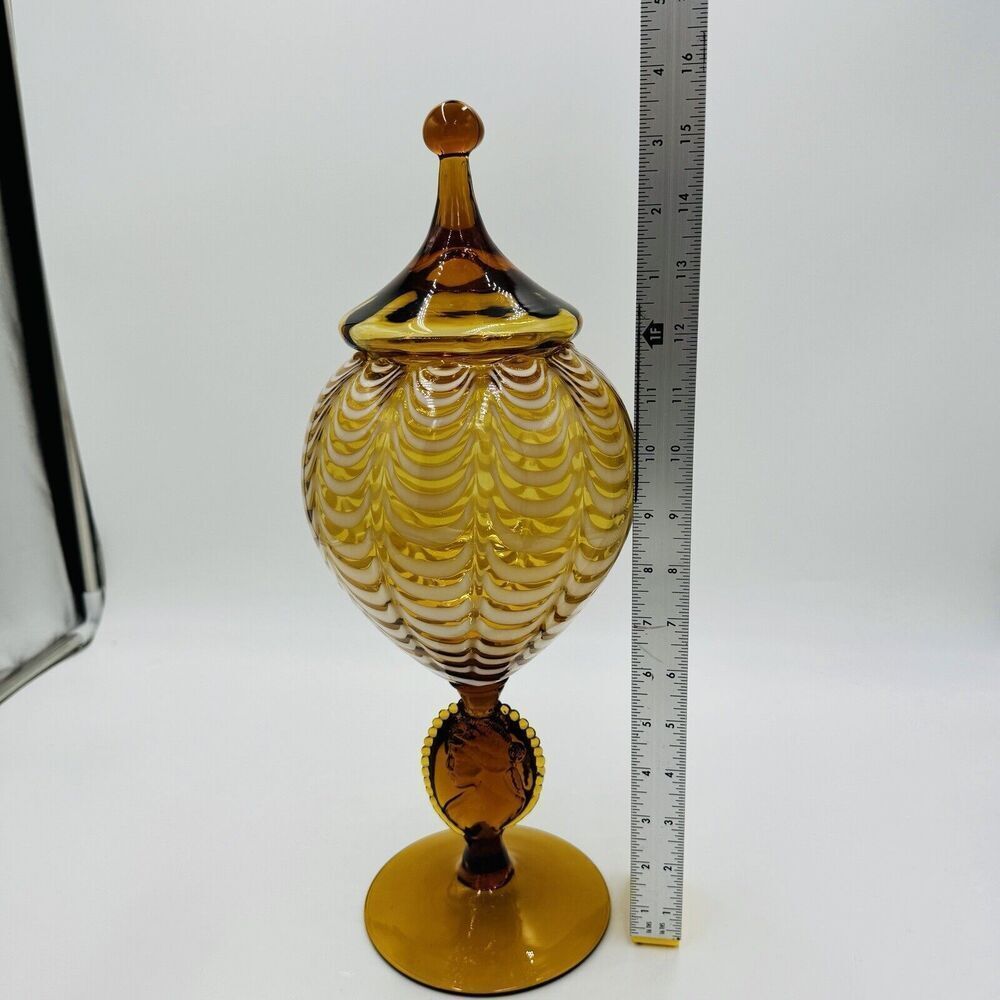 MCM Italy LAVORAZIONE EMPOLI Draped Amber cameo Art Glass Vase Compote Lidded - Picture 11 of 15